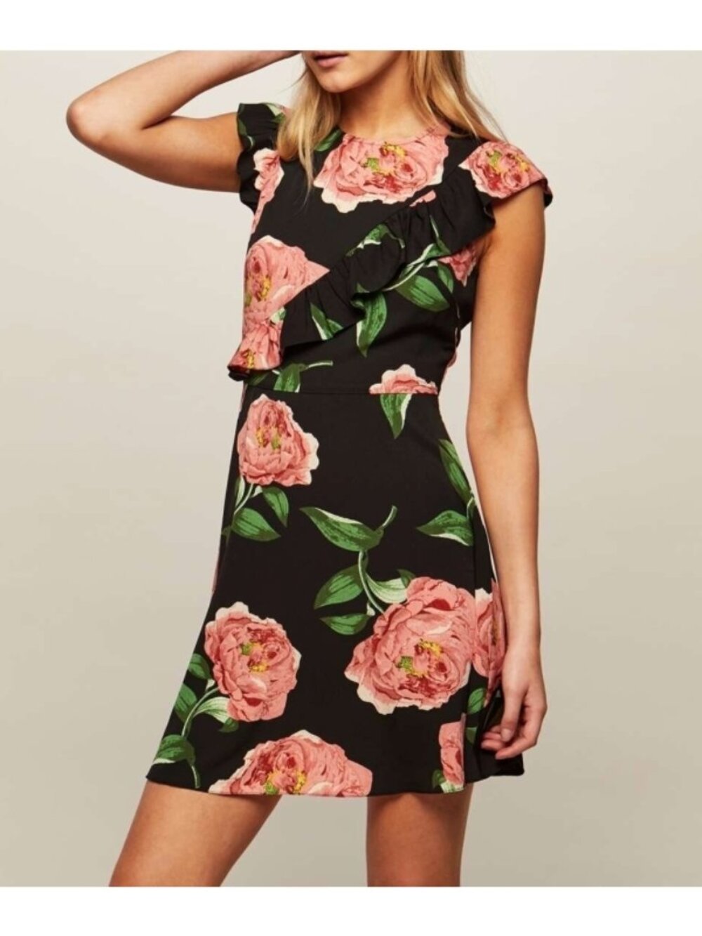 Miss Selfridge Floral Print Asymmetric Frill Skater Dress Cap Sleeve Ruffle Mini